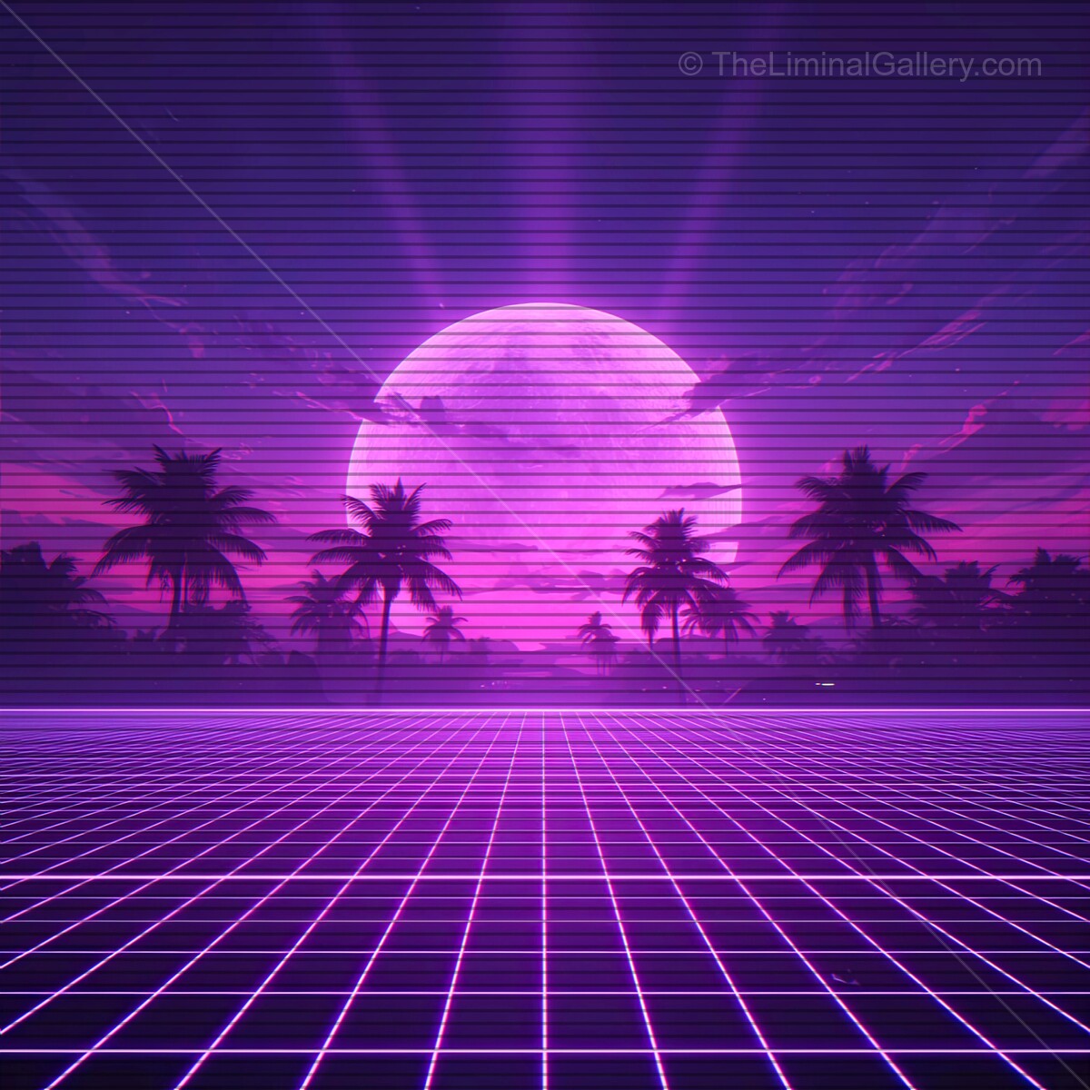 Vibrant synthwave horizon with neon sunset and palm trees creating a retro dreamscape
