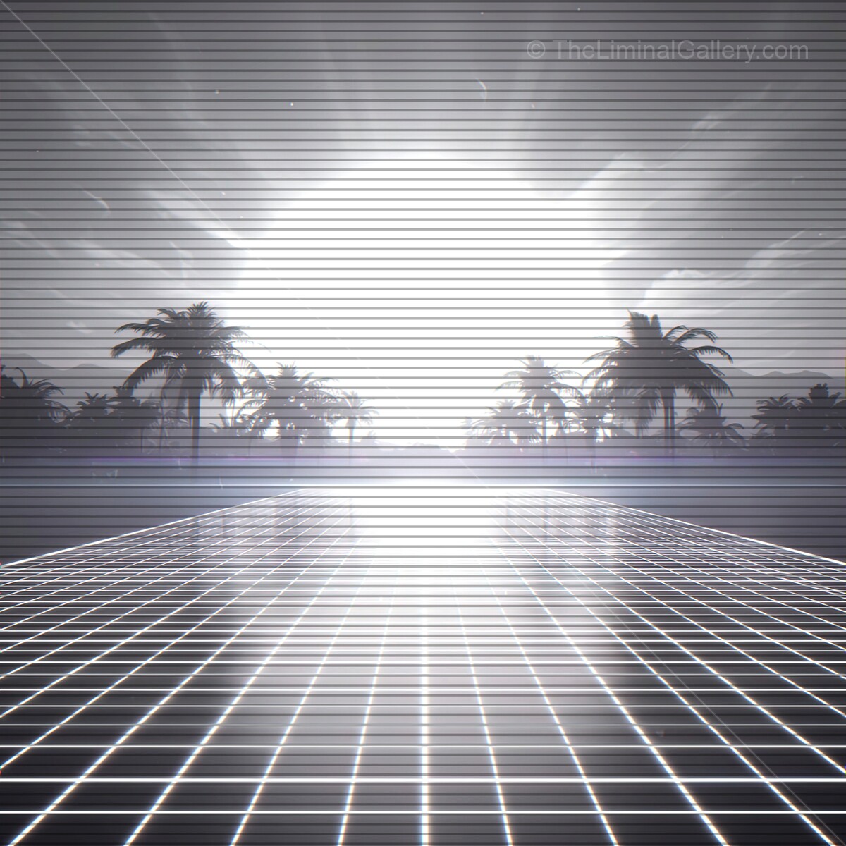 Vibrant synthwave horizon with palm trees and nostalgic VHS lines