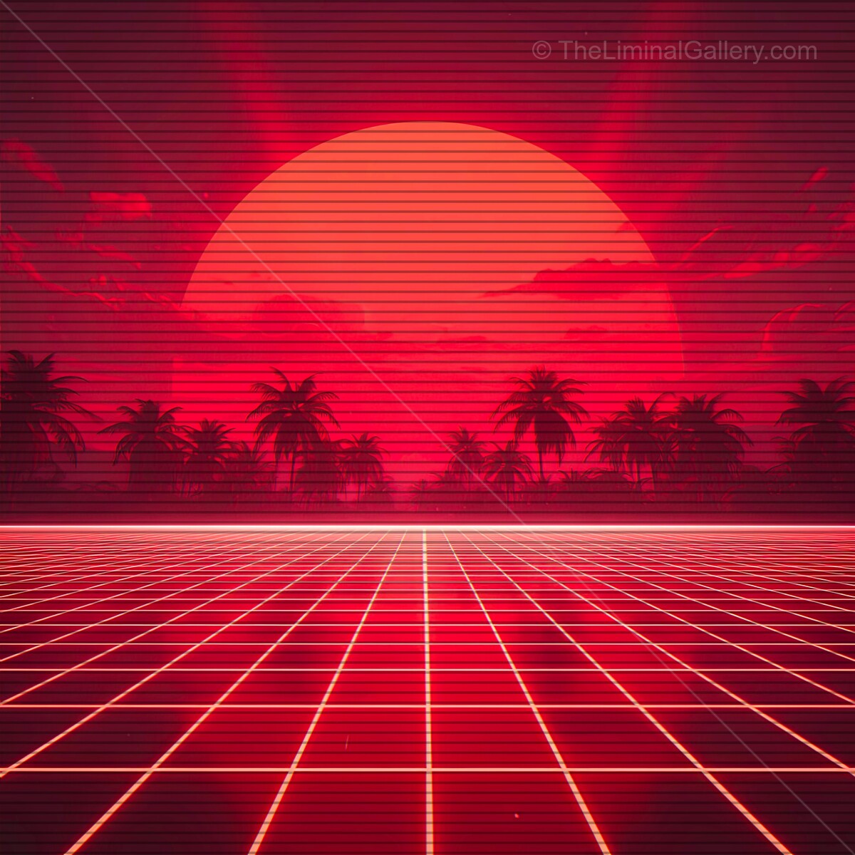 Vibrant sunset casts an electric glow over a retro landscape with palm trees and grid lines reminiscent of synthwave aesthetics