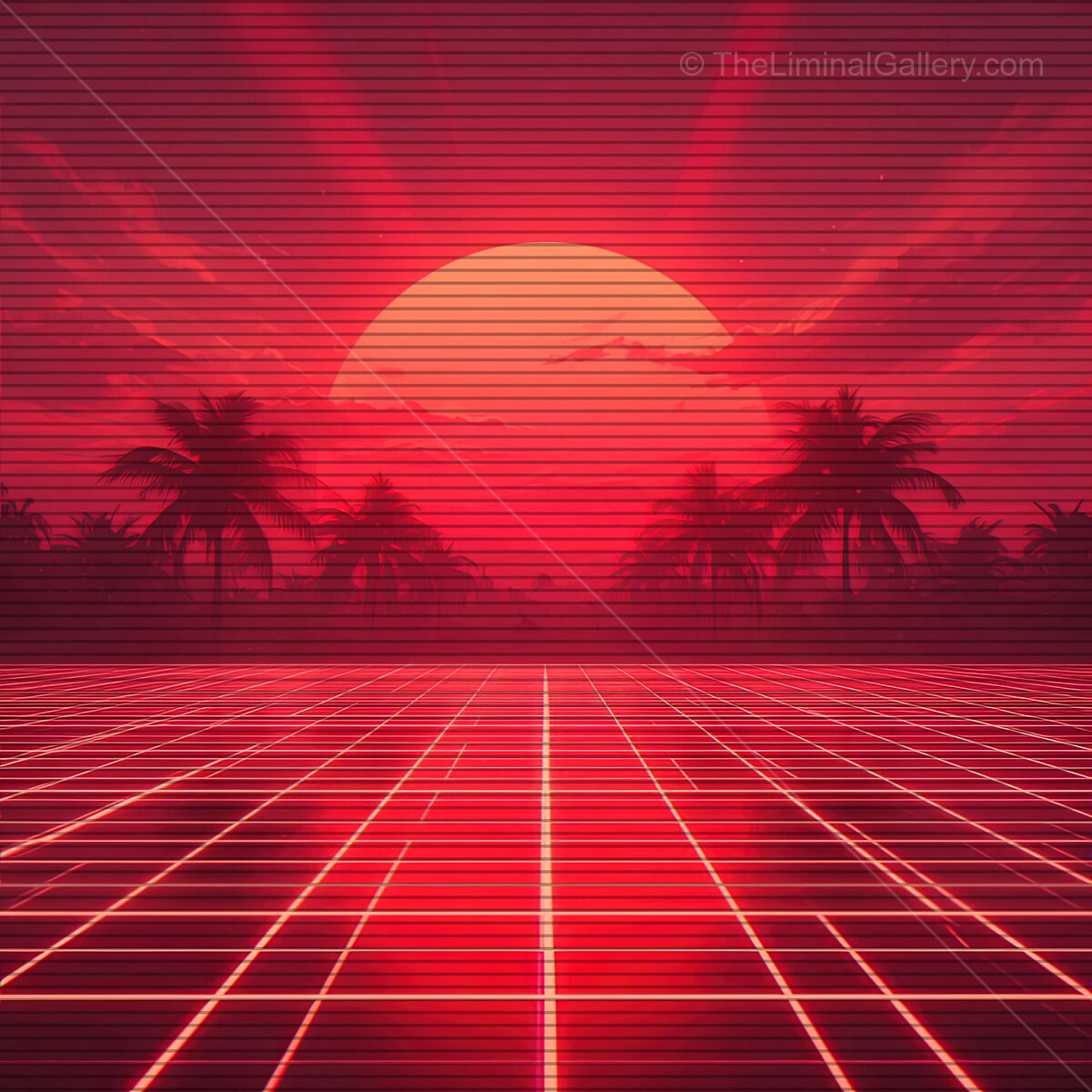 Vibrant sunset casts neon glow over palm trees and retro grid in an outrun horizon scene