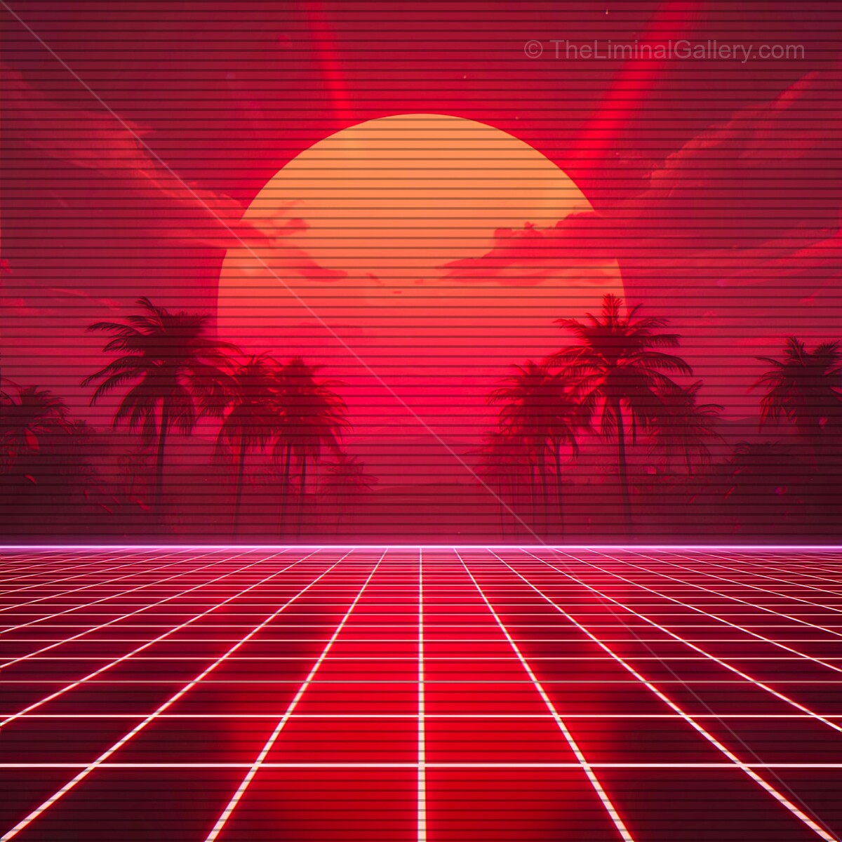 Vibrant sunset over a retro landscape with palm trees and synthwave vibes