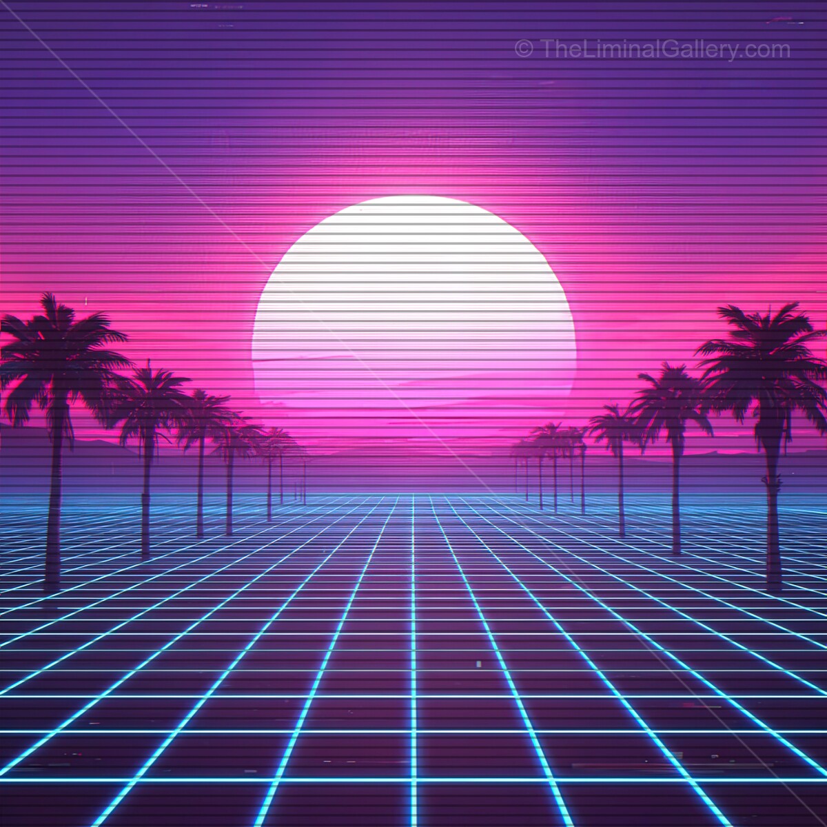 Vibrant synthwave landscape with palm trees and a retro sun under a horizon of dynamic VHS lines