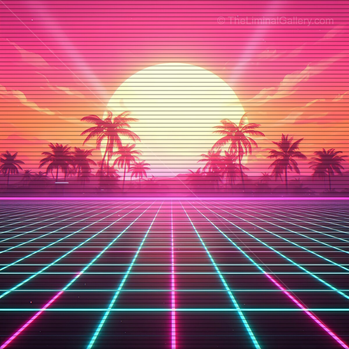 Vibrant synthwave landscape with palm trees and retro horizon at dusk