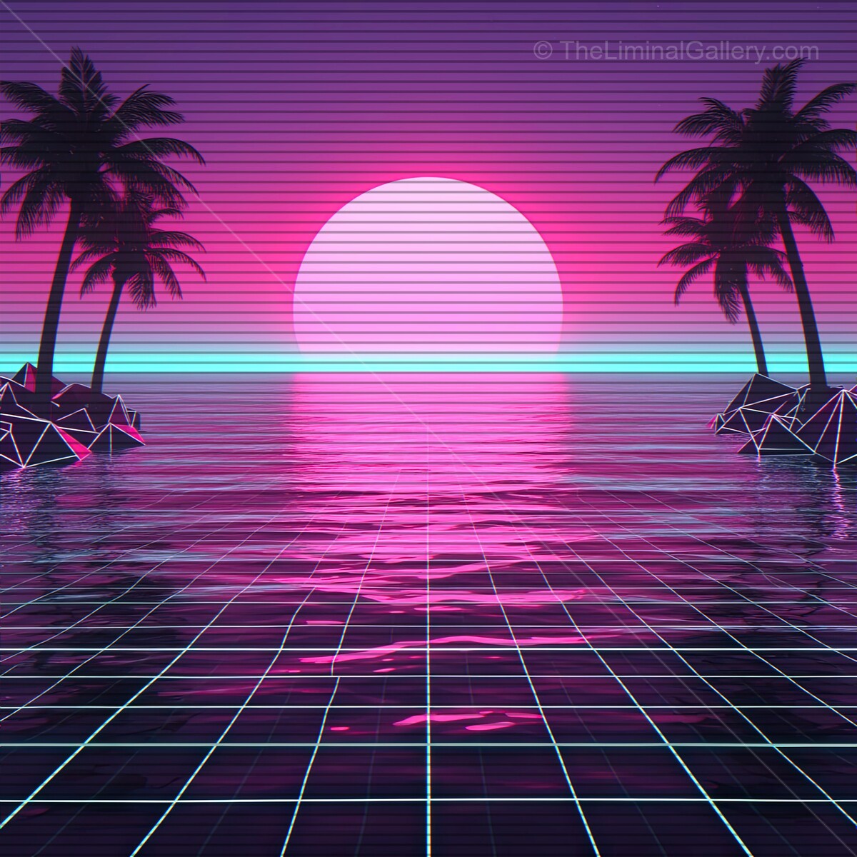 Vibrant sunset over a tranquil sea, framed by palm trees and glowing with retro synthwave energy