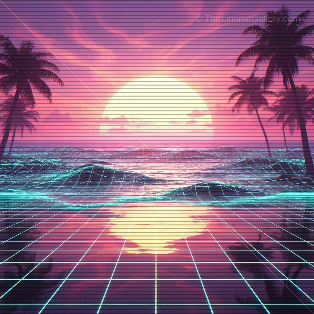 Vibrant sunset over tranquil waves in a synthwave paradise with retro VHS lines and palm silhouettes