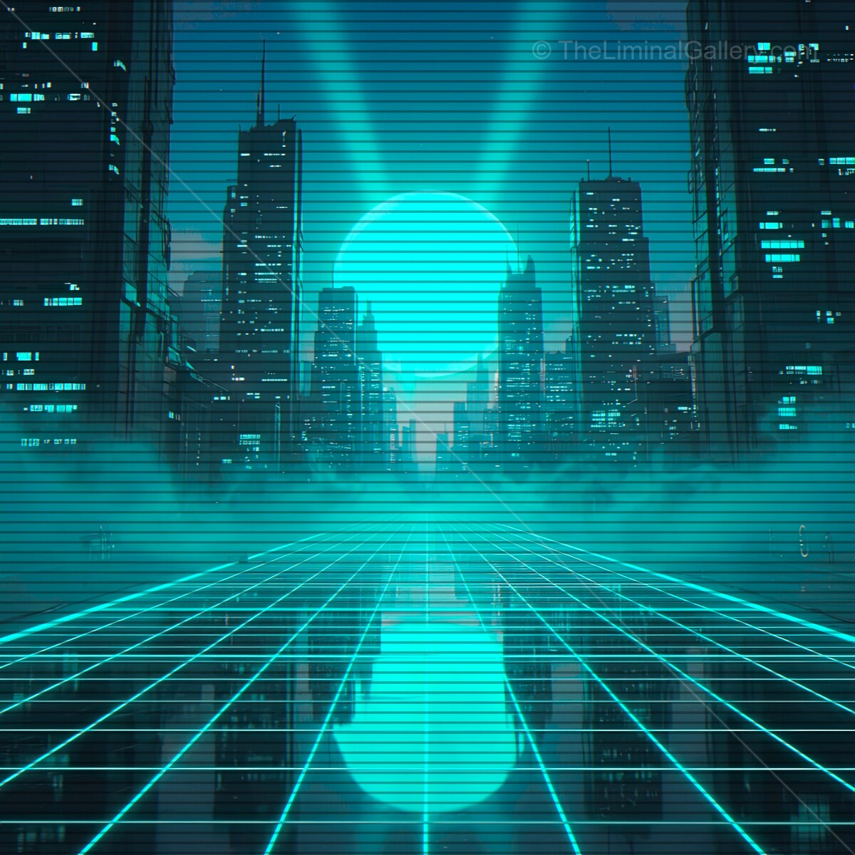 Vibrant retro cityscape with neon hues and VHS lines showcasing a futuristic horizon