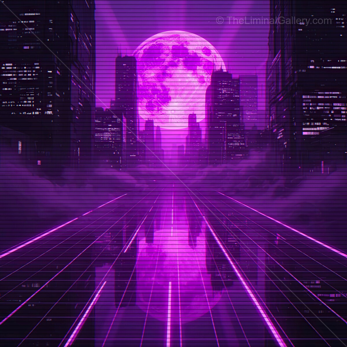 Vibrant synthwave cityscape with retro vibes and a glowing moonlit horizon amid VHS lines
