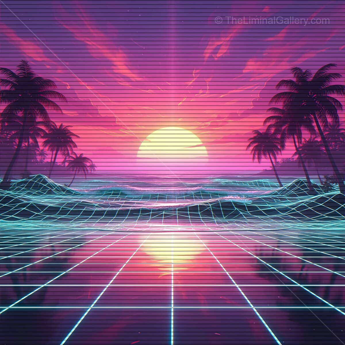 Vibrant synthwave landscape with sunset and tropical palms, capturing retro vibes and VHS nostalgia in a surreal horizon