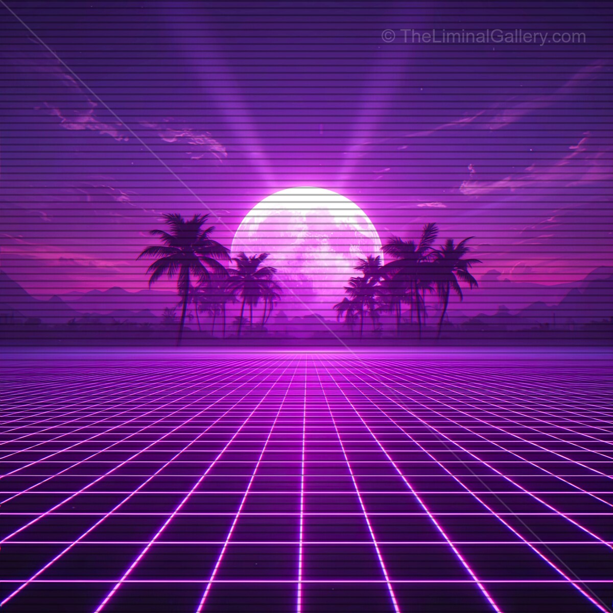 Vibrant synthwave sunset over a grid landscape with palm trees and VHS lines evoking retro vibes