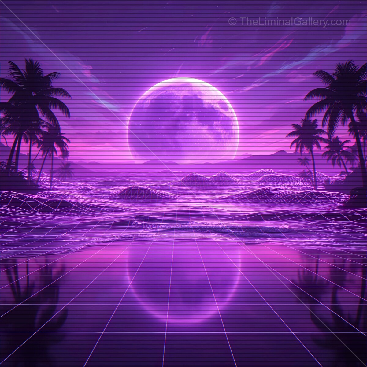 Experience the surreal blend of vibrant colors and retro landscapes under a radiant moonlit sky