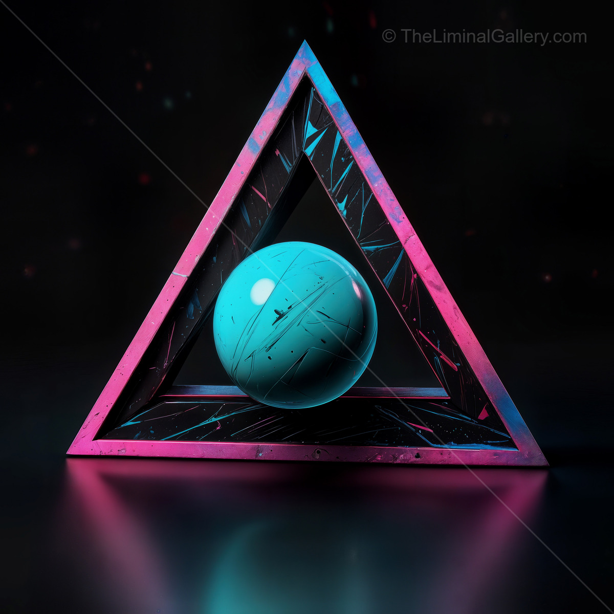 Artistic representation of a glowing sphere nestled in a neon triangle frame against a dark backdrop