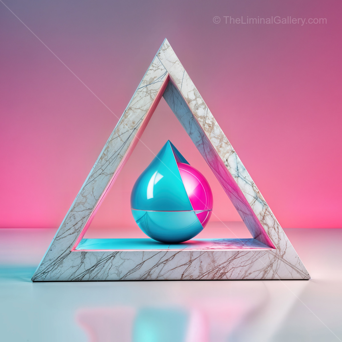 Colorful geometric exploration featuring a vibrant sphere and a triangular frame in a modern space