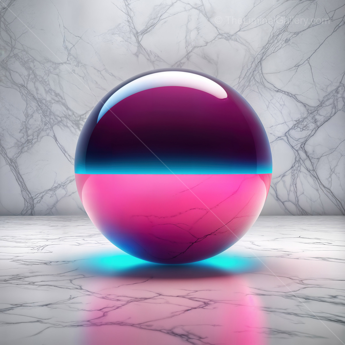 Colorful spherical object resting on a marble surface reflecting vibrant hues under soft lighting