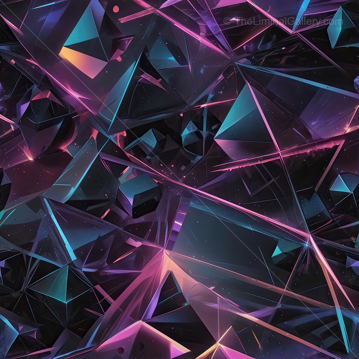 Intricate display of vibrant 80s geometric shapes in an abstract cosmic landscape