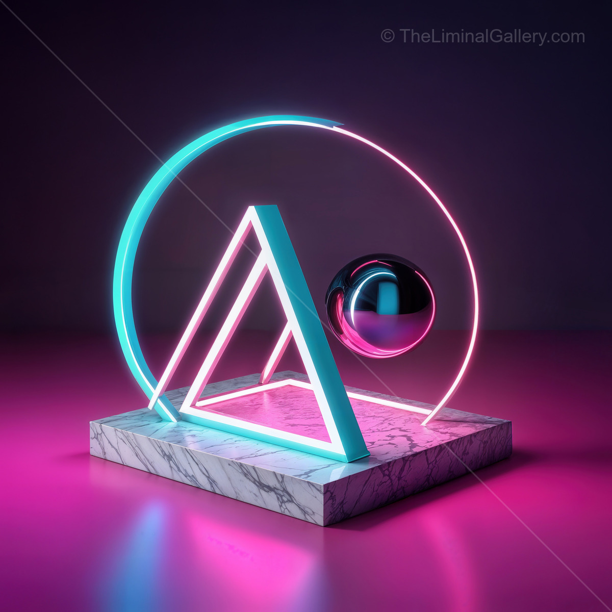 Creative geometric design featuring neon lights and a reflective sphere in a captivating architectural setting