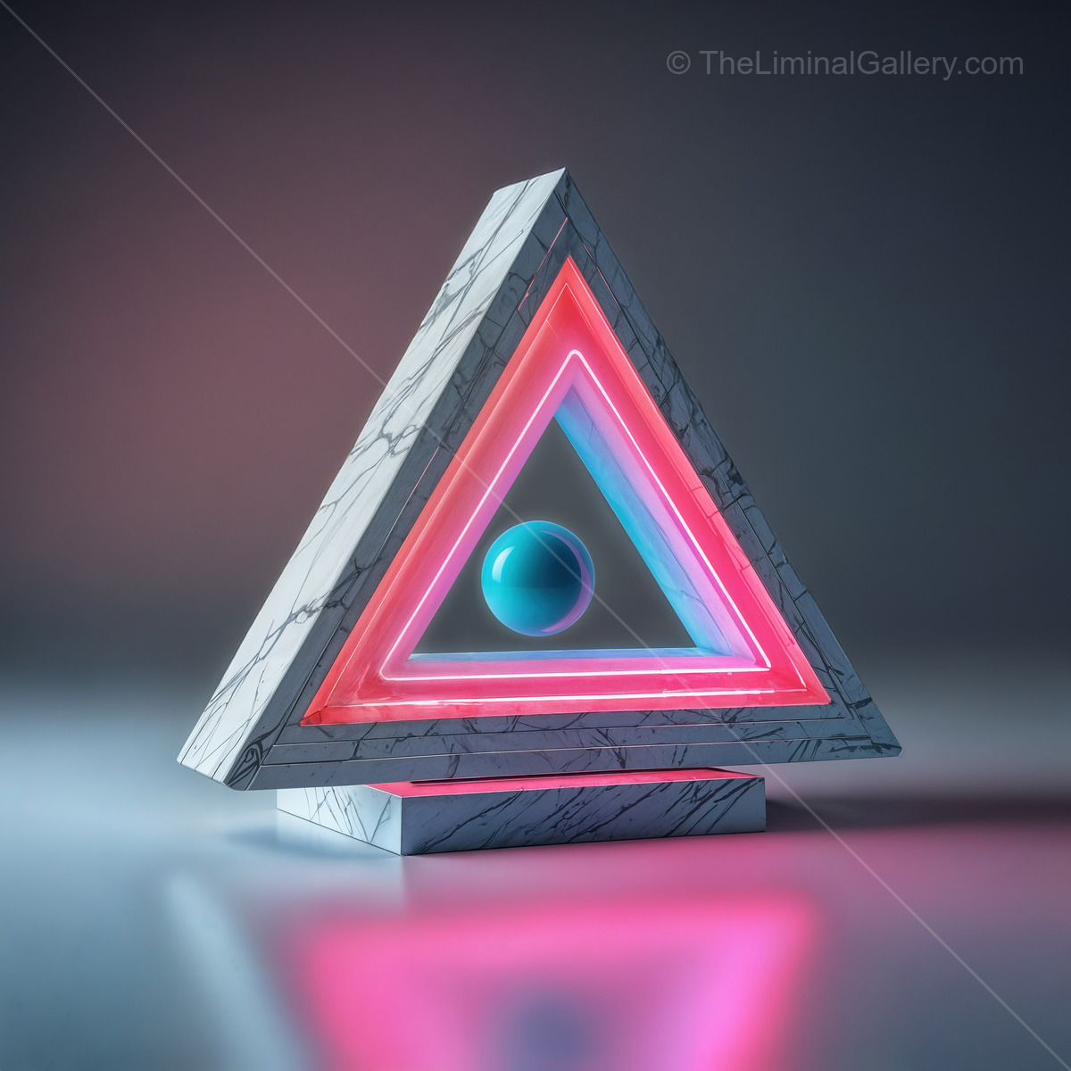 Creative geometric sculpture blending marble and neon lights, featuring a central sphere, captivating the viewer's attention in a dimly lit space