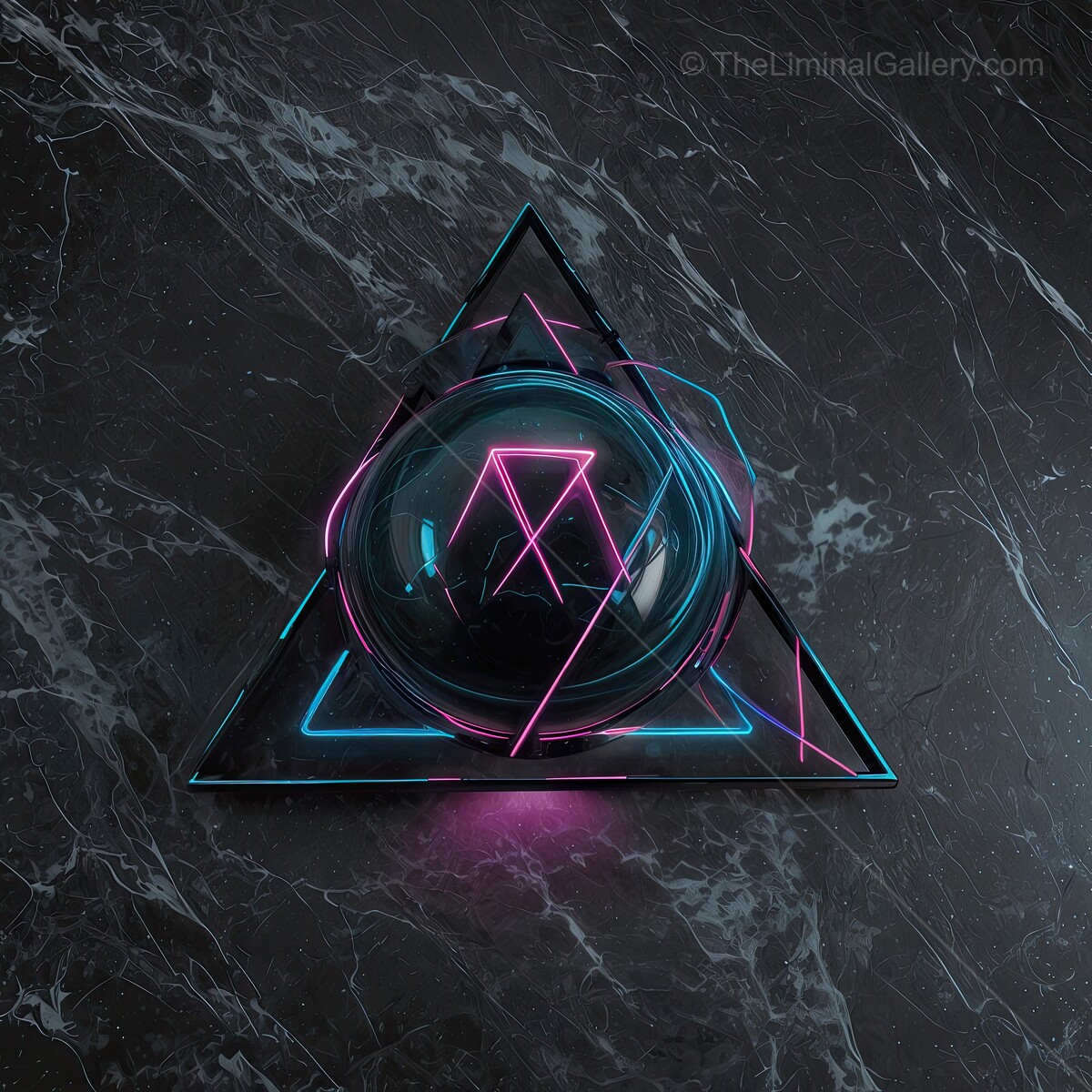 Vibrant 80s geometric design featuring neon glow on a dark marble surface