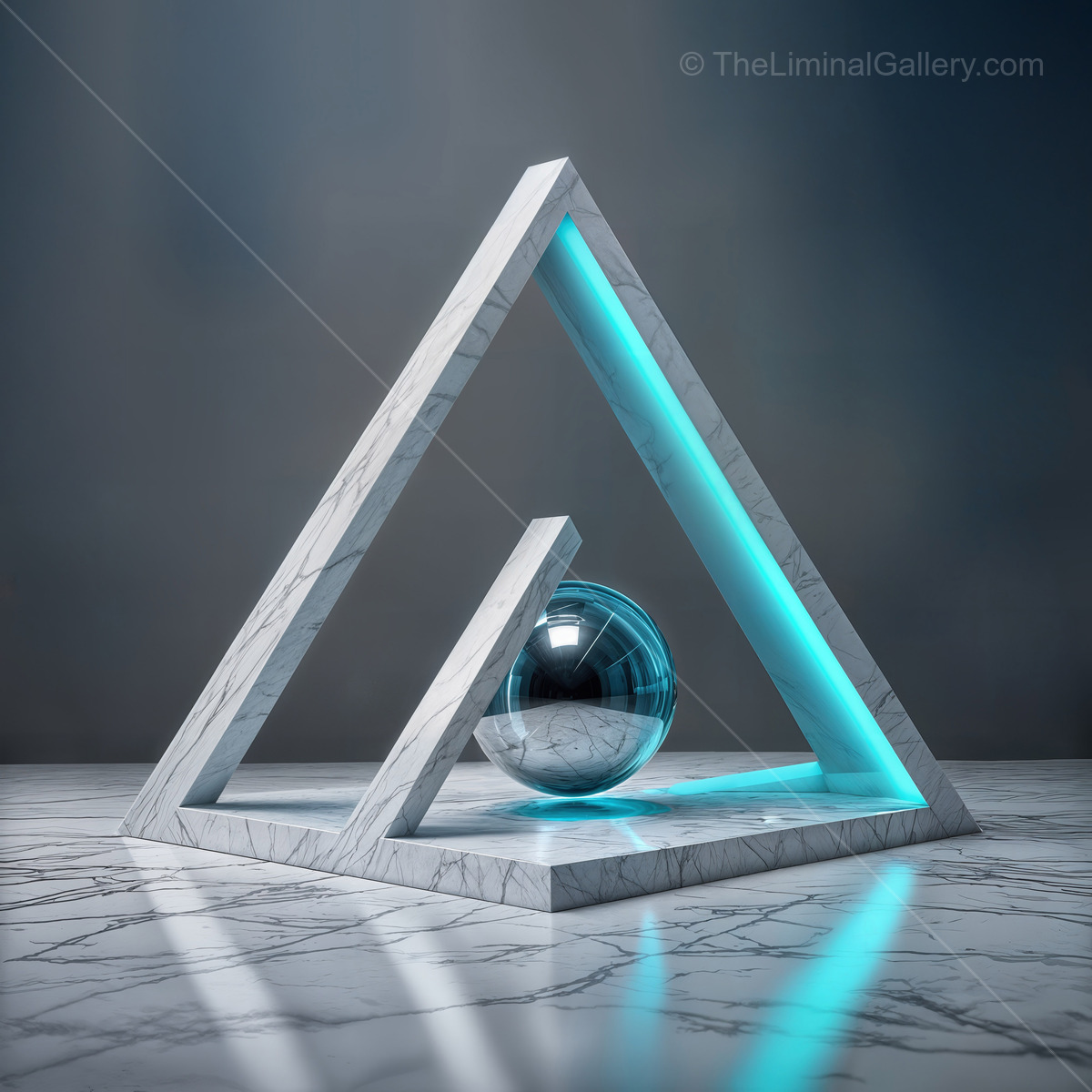 Elegant geometric composition featuring a reflective sphere and glowing neon accents in a serene gallery space