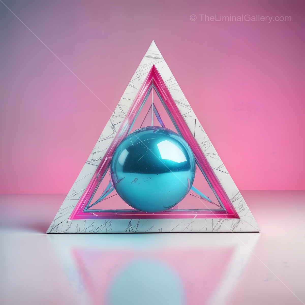 Futuristic geometric art piece with a glossy blue sphere set against a pastel pink backdrop at an art exhibition