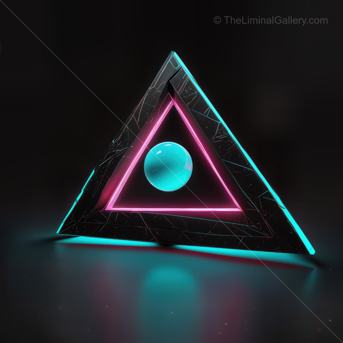 Futuristic geometric design features a glowing triangle with a sphere at its center, creating an artistic interplay of light and shadow