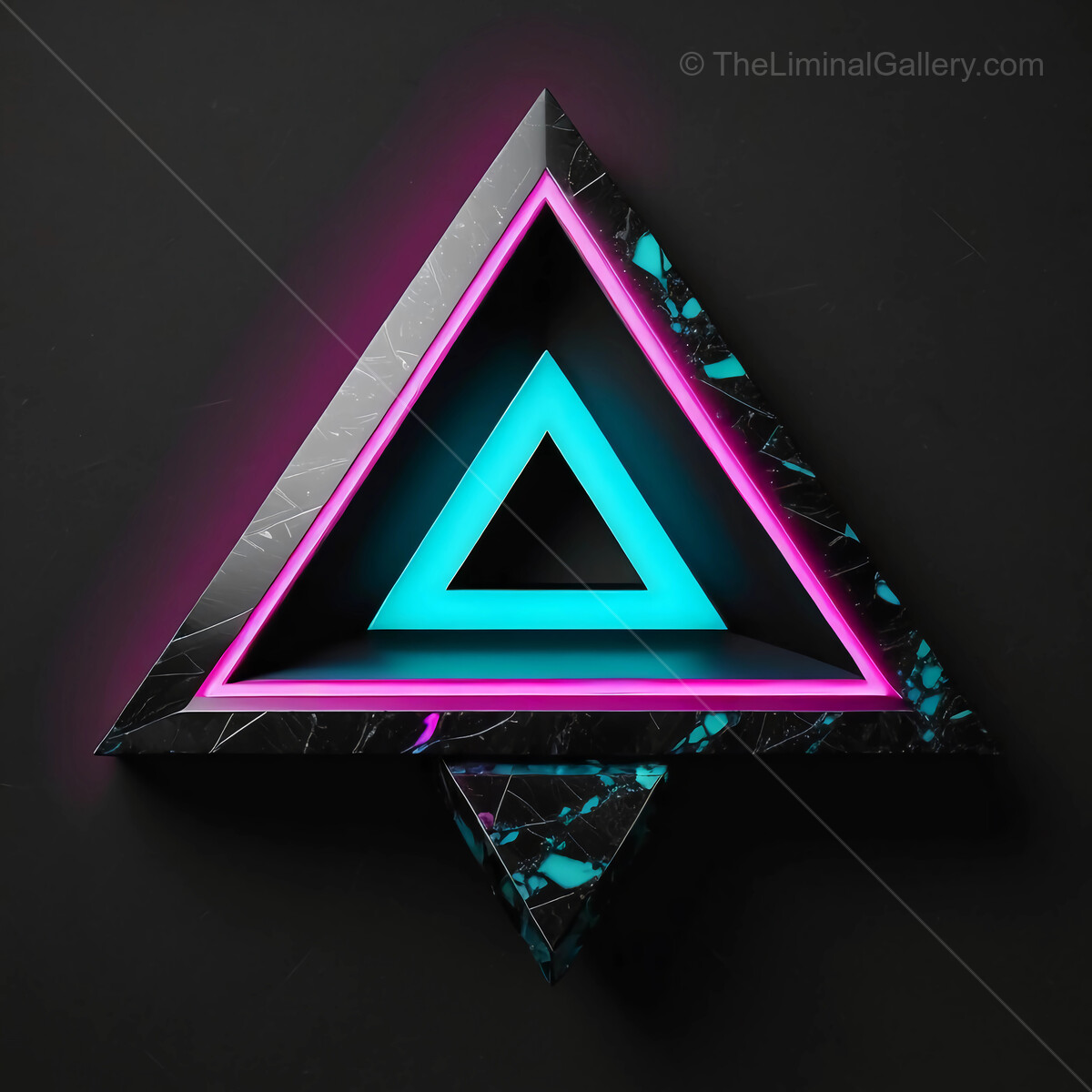 Striking geometric art piece radiating neon colors against a dark backdrop