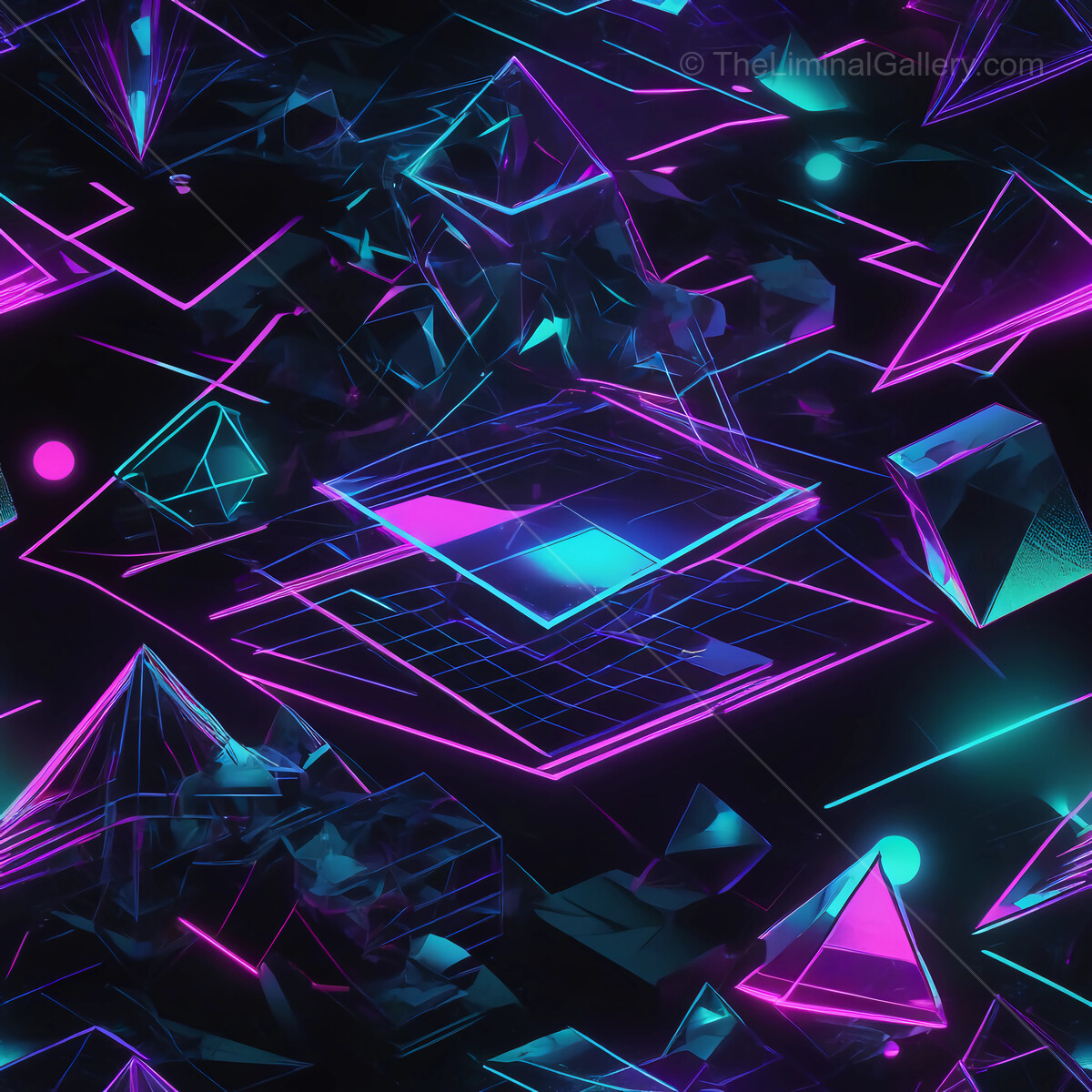 Vibrant synthwave geometric shapes create a mesmerizing abstract world infused with neon colors and dynamic energy