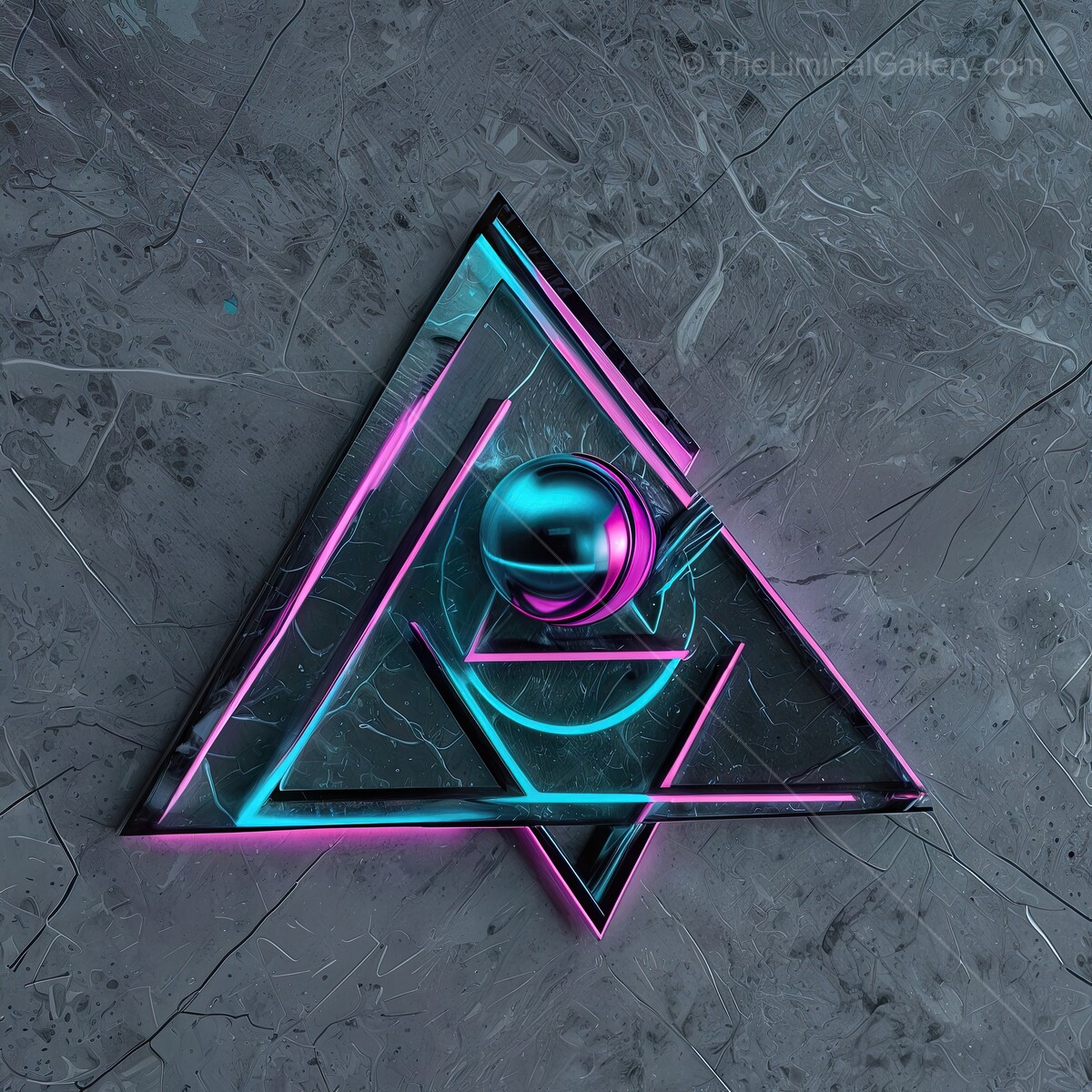 Vibrant synthwave geometric shapes with glowing accents on a textured gray surface create a mesmerizing visual experience