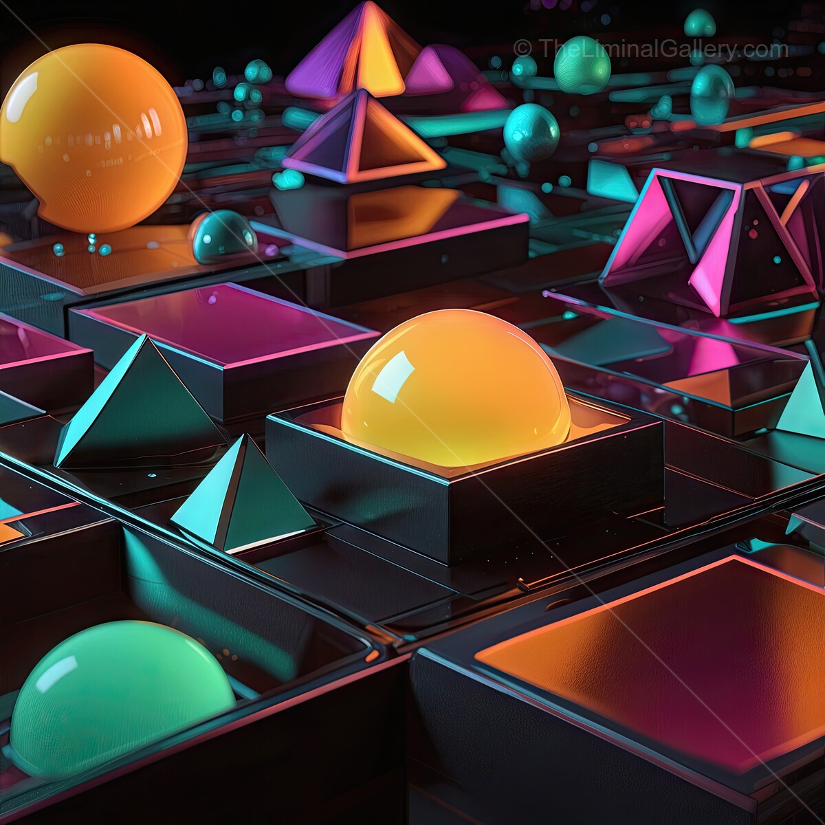 Captivating geometric arrangement with luminous shapes in a vibrant digital landscape