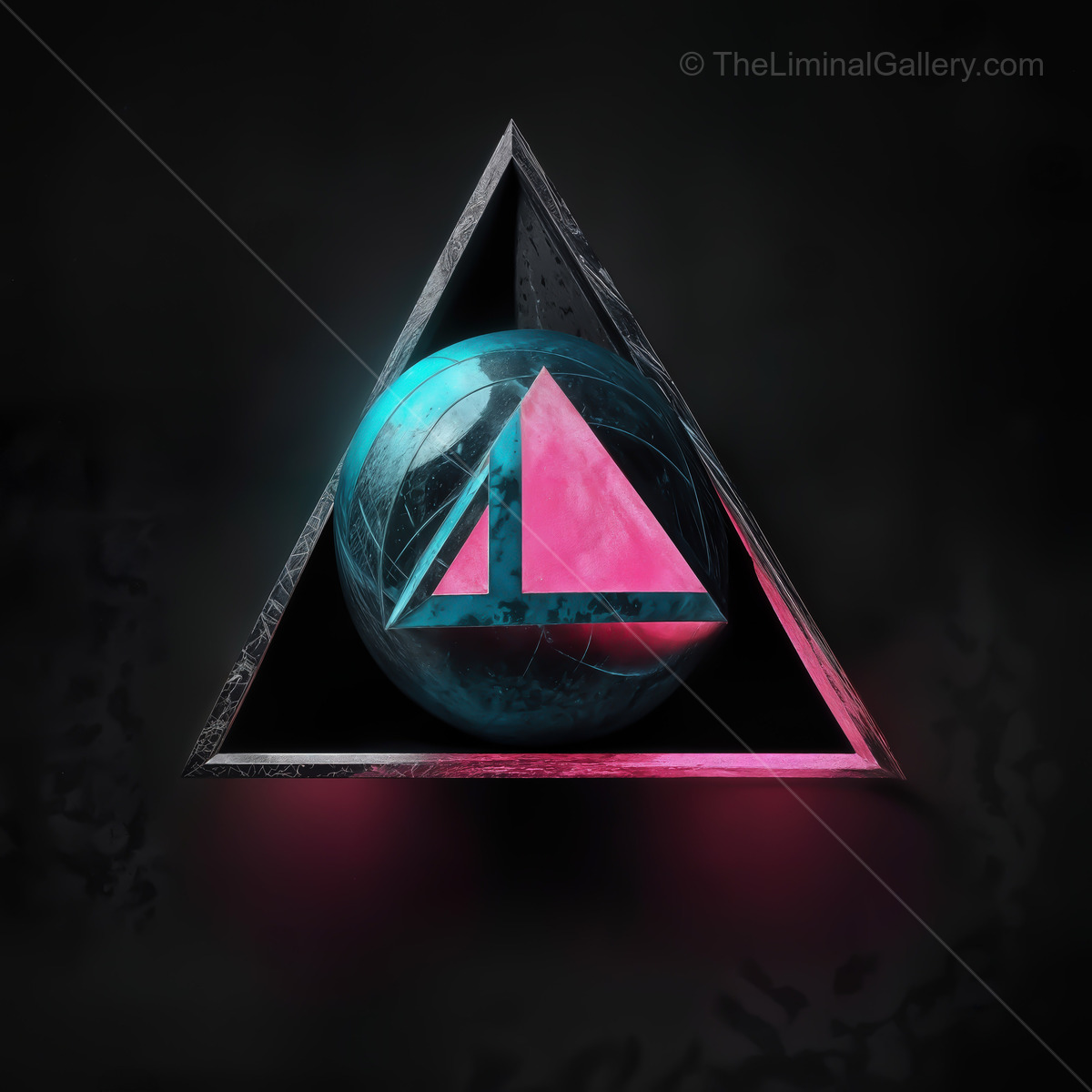 Geometric harmony in vibrant colors with a surreal triangular shape and glowing orb