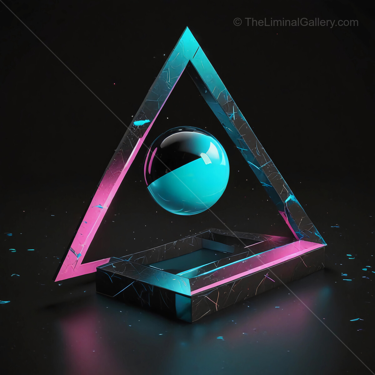 Vibrant synthwave geometric sculpture with a levitating sphere in a darkened studio