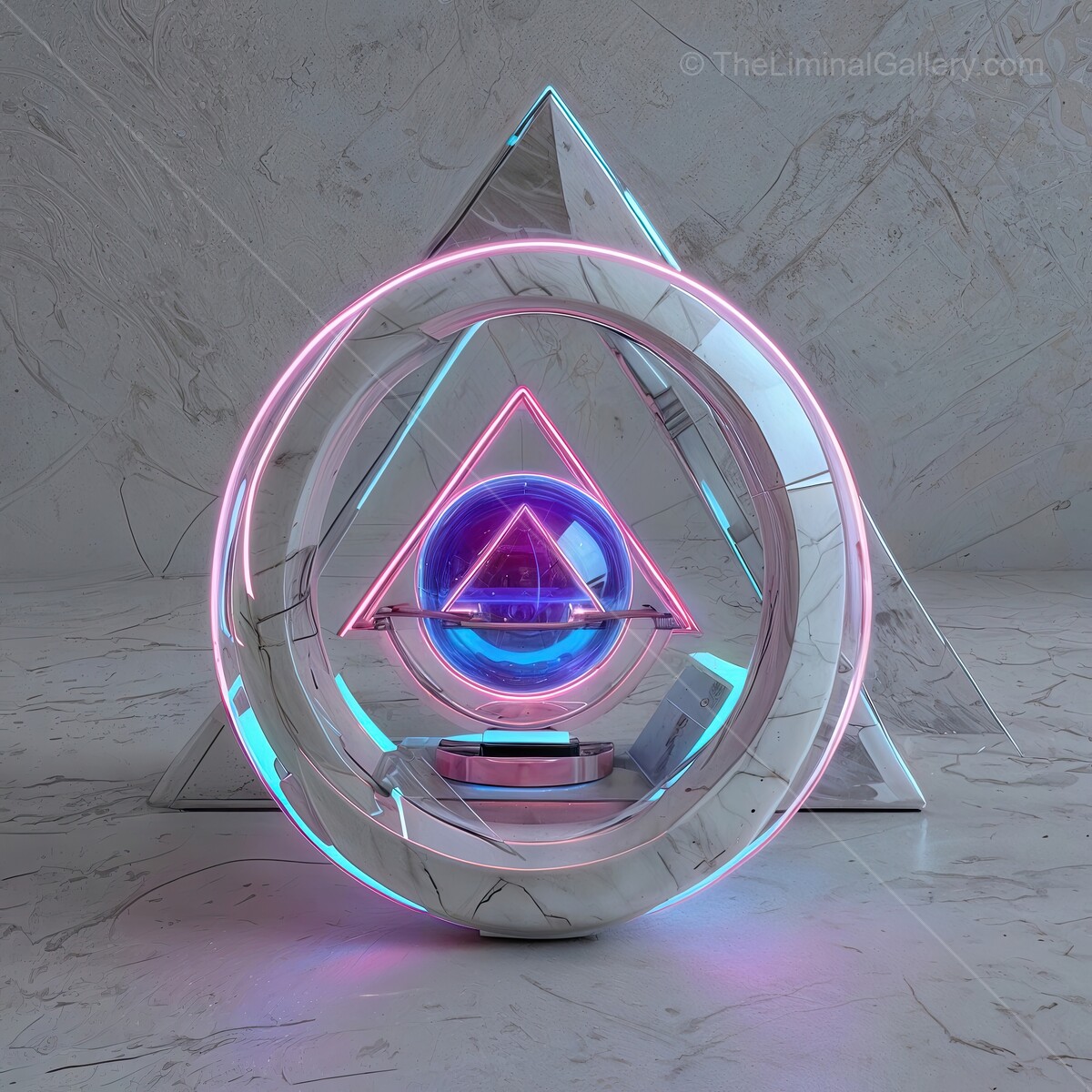 Vibrant geometric shapes illuminated with neon lights create a modern art installation in a minimalistic environment