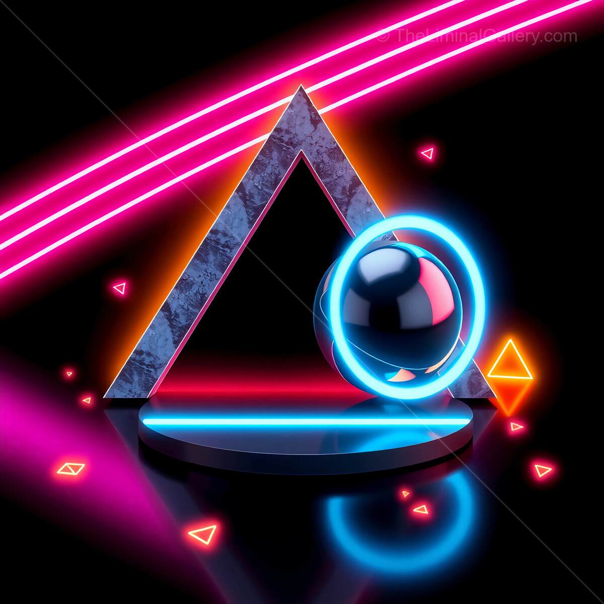Vibrant 80s geometric shapes illuminated by neon lights in a stylish abstract composition