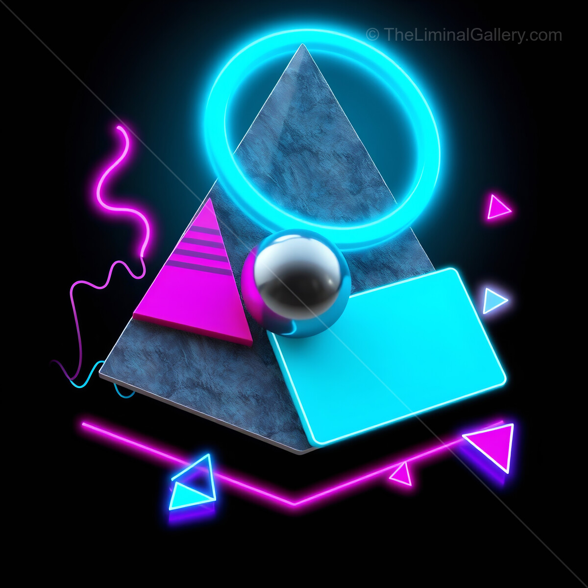Exploring 80s vibrant geometric shapes illuminated with neon lights in a darkened space
