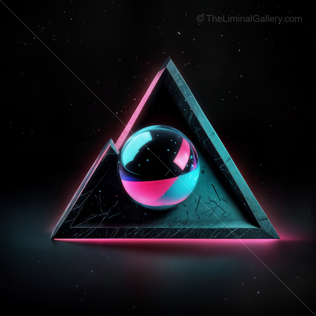 Vibrant geometric shapes with a glowing sphere set against a dark cosmic background create a captivating scene of modern art and design