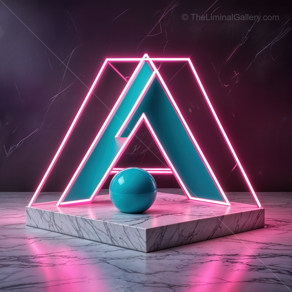 Vibrant geometric shapes with neon lights illuminate a stylish interior space