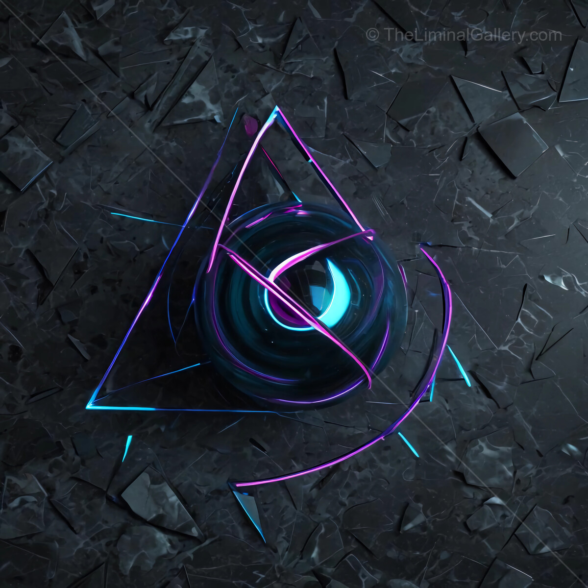 Vibrant synthwave geometric design with glowing elements on dark textured surface