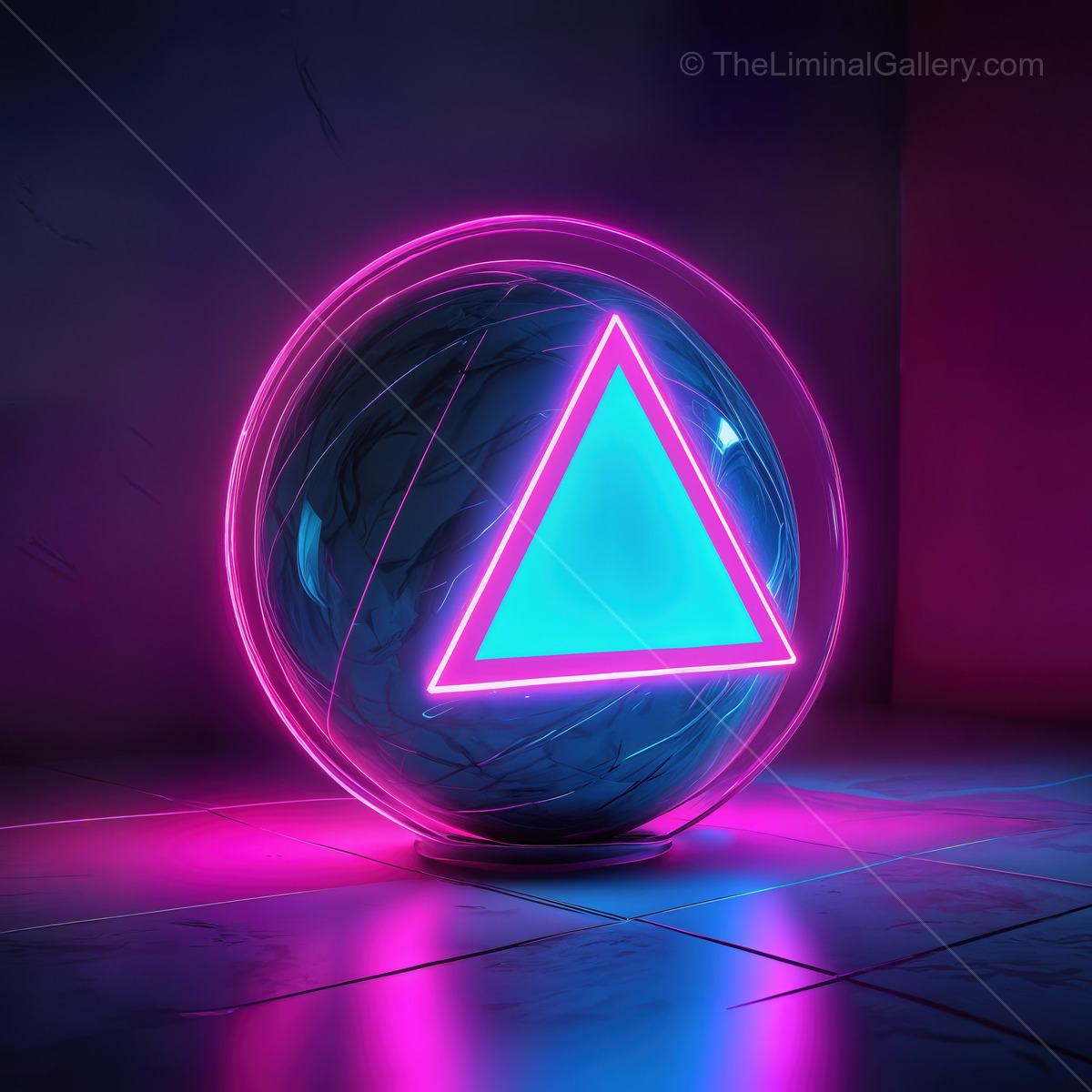 Glowing geometric sphere with triangle and vibrant colors in a futuristic setting