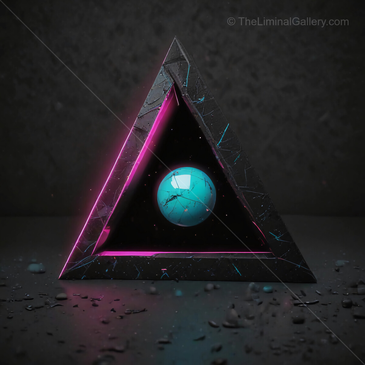 Intricate synthwave geometric design featuring a glowing sphere within a fractured triangle structure