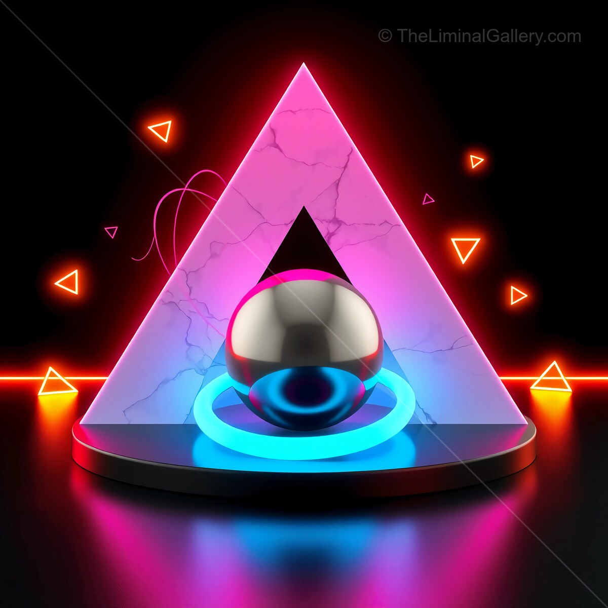 Vibrant synthwave geometric design featuring a metallic sphere and neon colored triangle