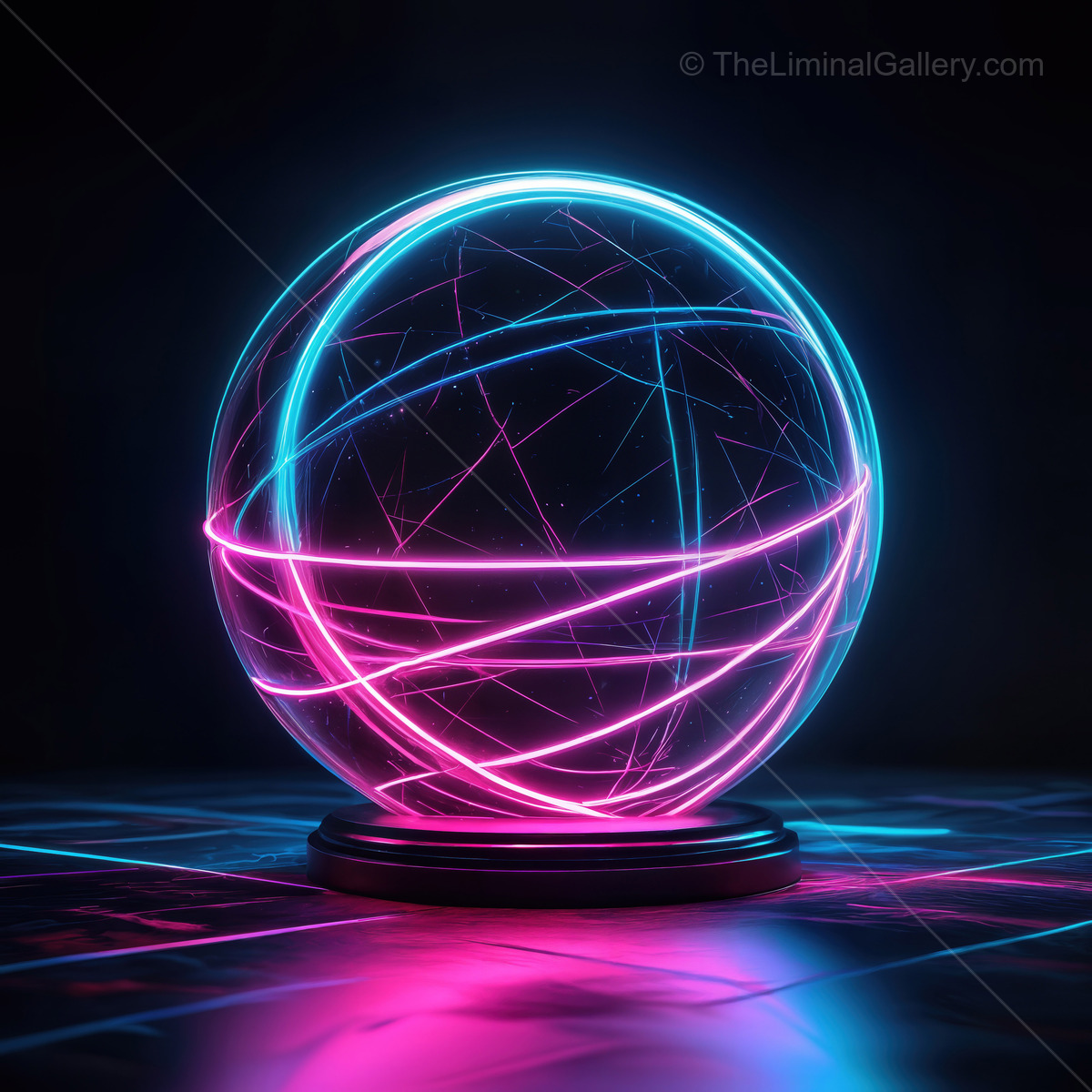 Illuminated sphere with vibrant neon lines dancing in a dark digital landscape evoking a sense of futuristic wonder