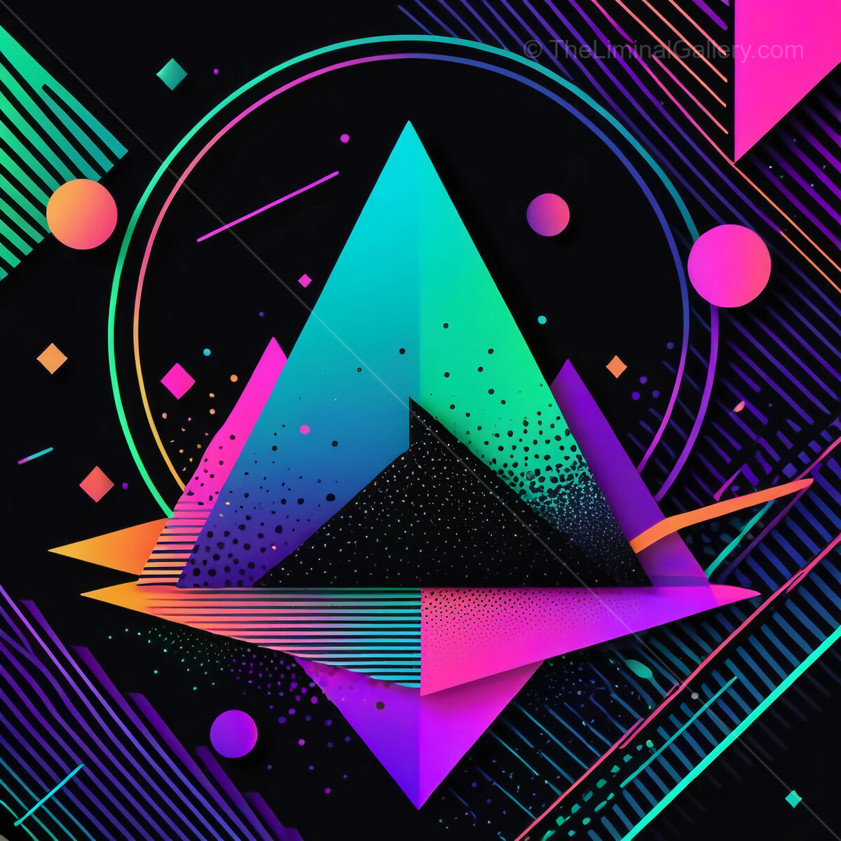 80s Memphis geometric harmony emerges in vibrant abstract composition inspired by digital innovation