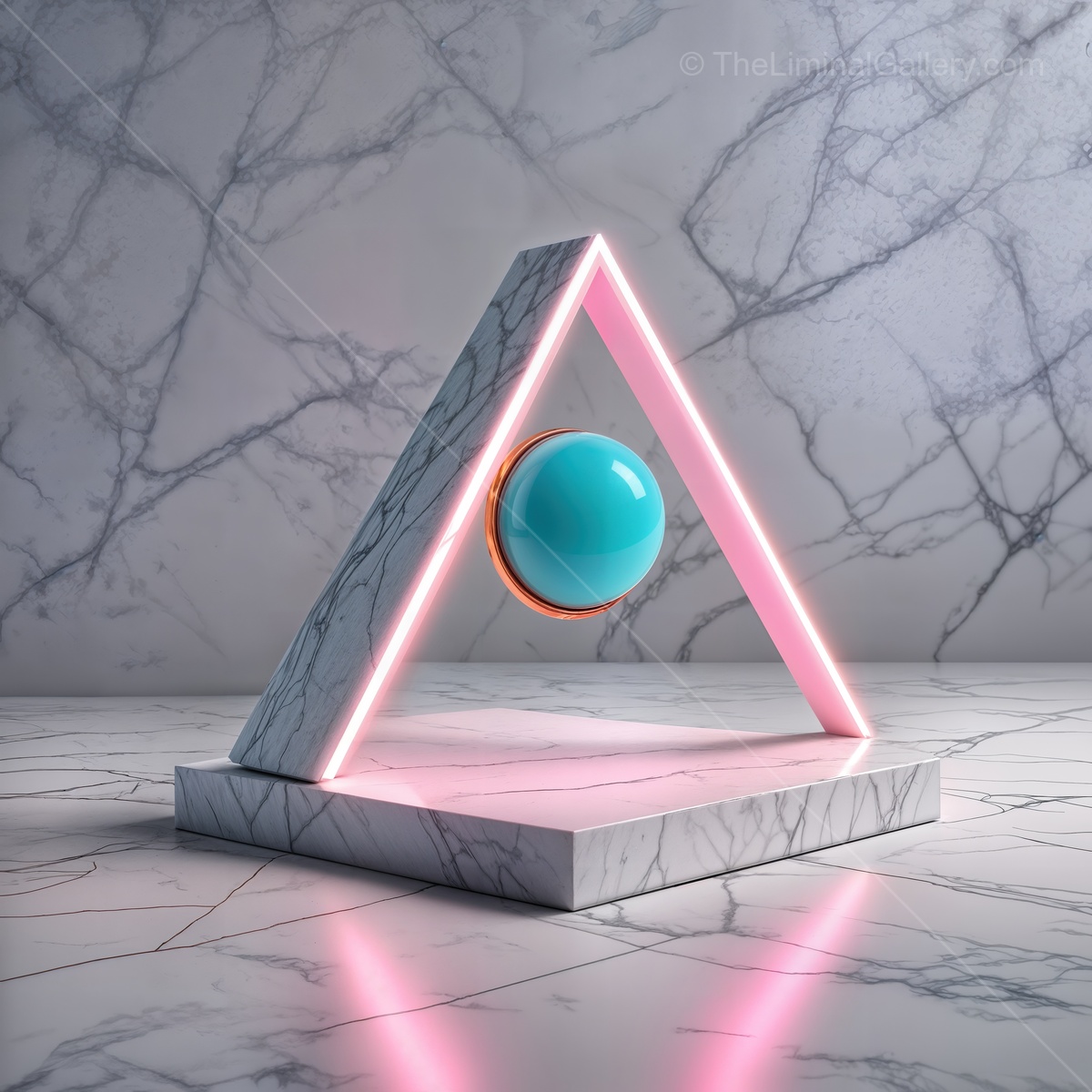 Modern art sculpture featuring a turquoise sphere suspended in a glowing triangular frame on a marble surface