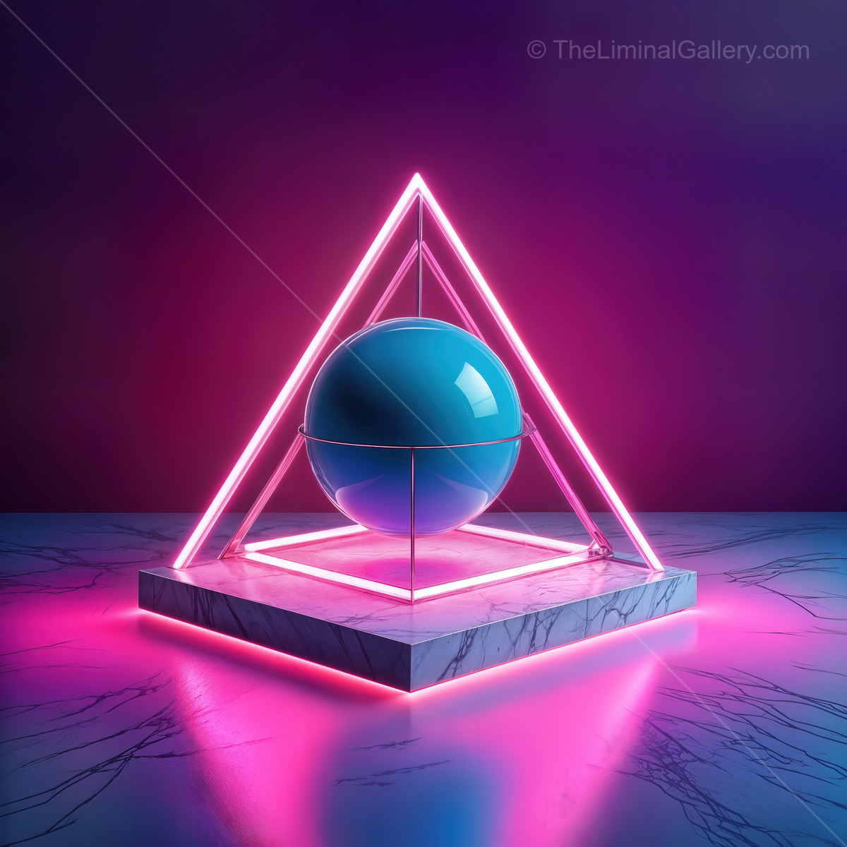 Modern geometric design featuring a blue sphere and neon lights in a captivating space