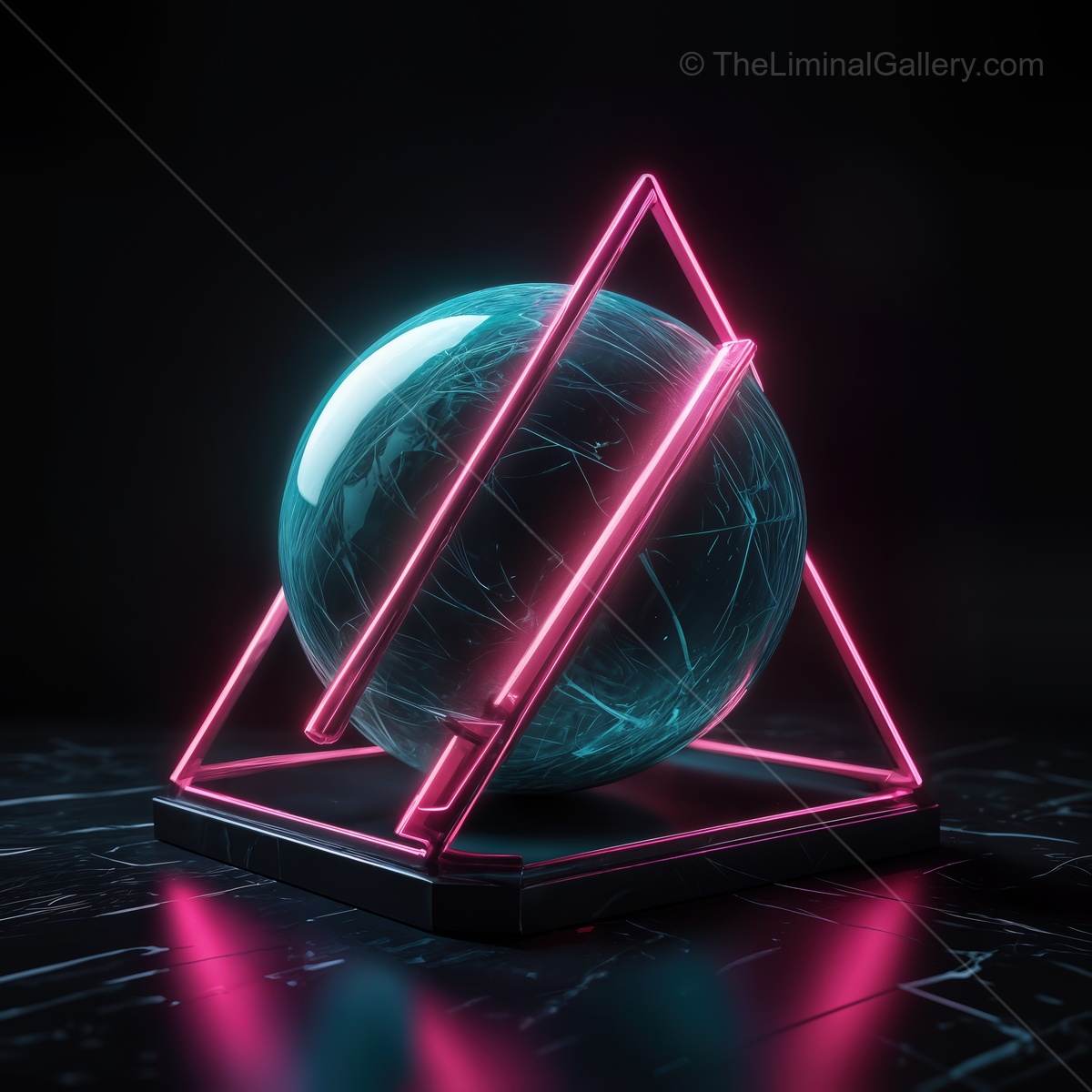 Vivid neon lights illuminate a mystical sphere within a geometric framework, creating a mesmerizing visual experience in a dark setting