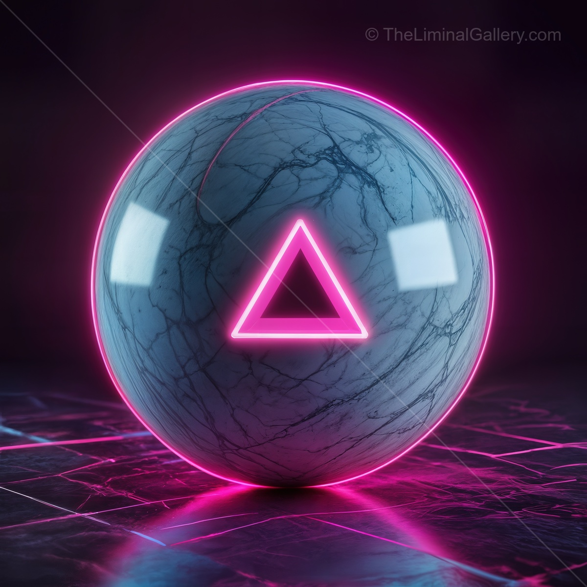 Mystical sphere glows with neon energy in a dark cosmic landscape while displaying a geometric triangle symbol