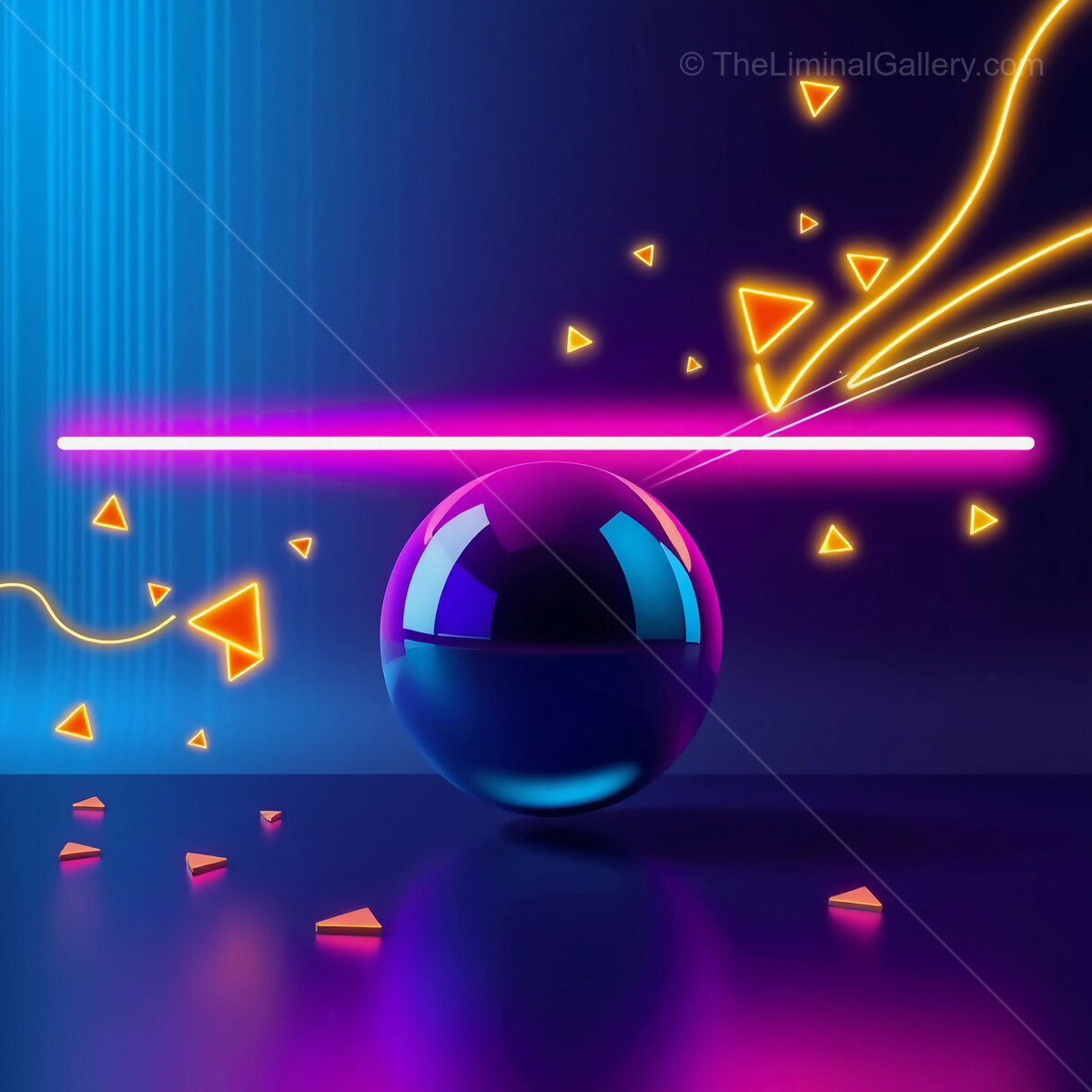 Vibrant 80s neon shapes dance around a reflective sphere against a technicolor backdrop in a digital wonderland