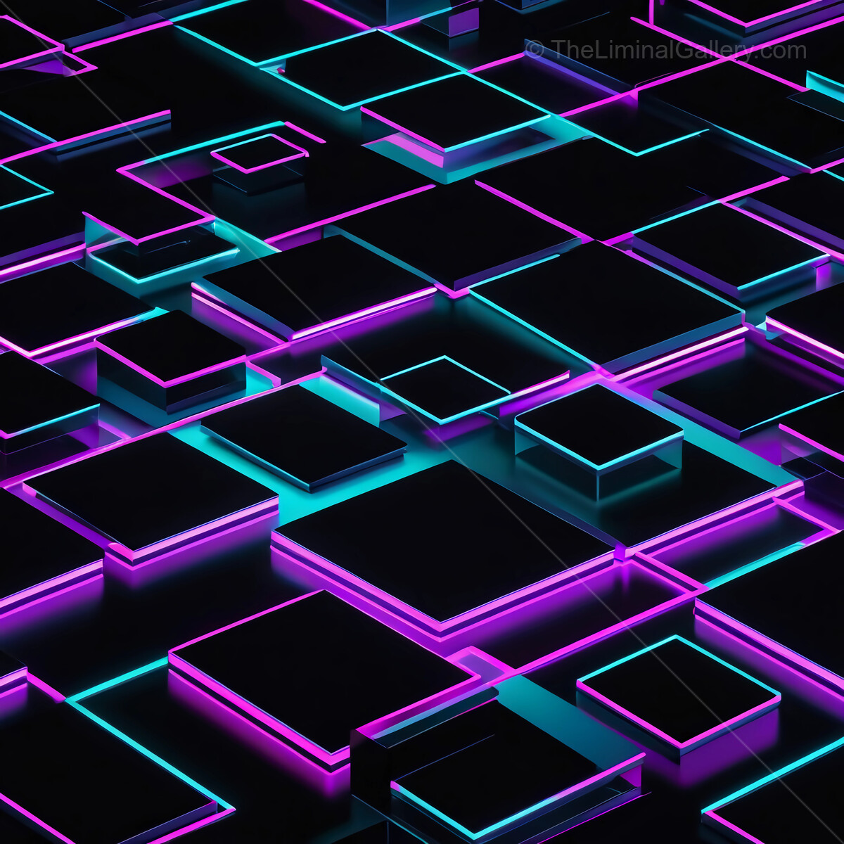 Vibrant synthwave geometric patterns glow in neon colors against a dark background at a digital exhibition