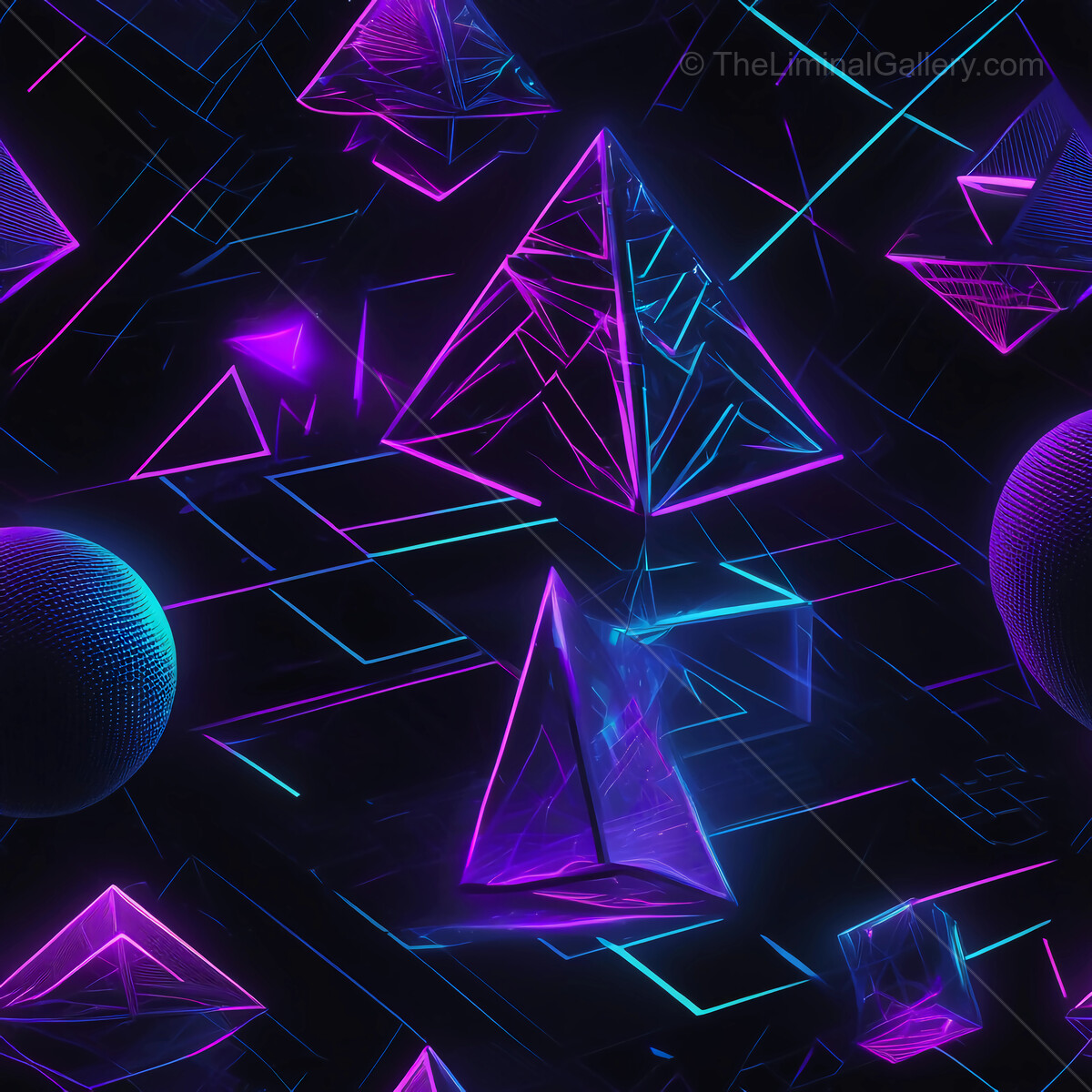 Exploring a synthwave neon dreamscape filled with luminous pyramids and geometric shapes