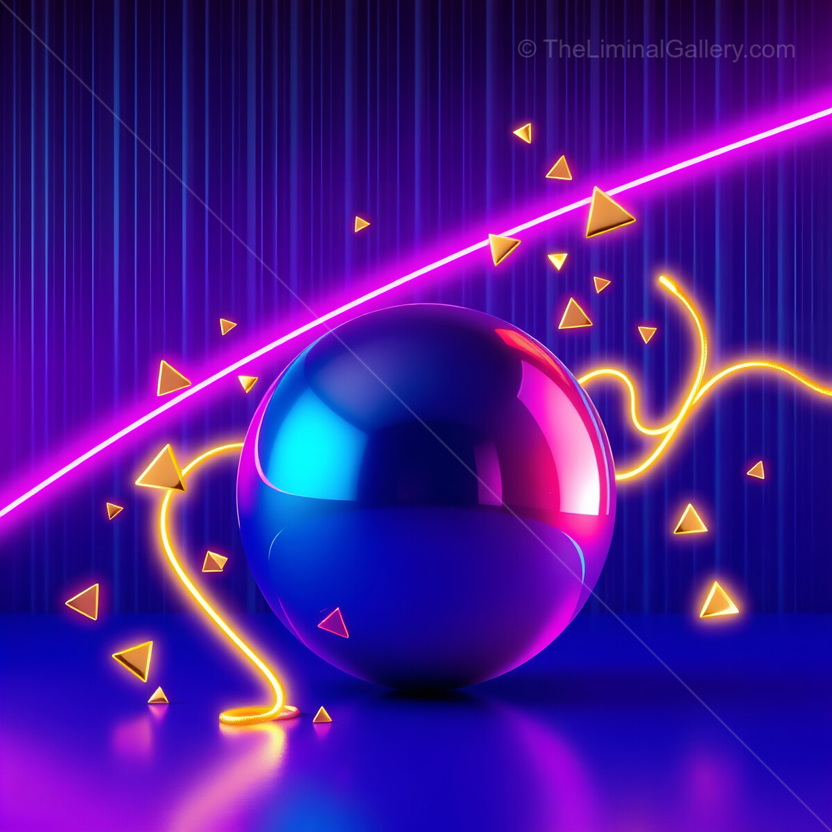 Vibrant 80s pinball neon reflections with geometric forms under captivating purple lighting