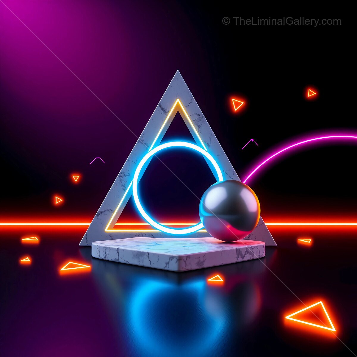 Vibrant 80s pinball geometric shapes illuminated by neon colors create a surreal atmosphere in a digital art composition